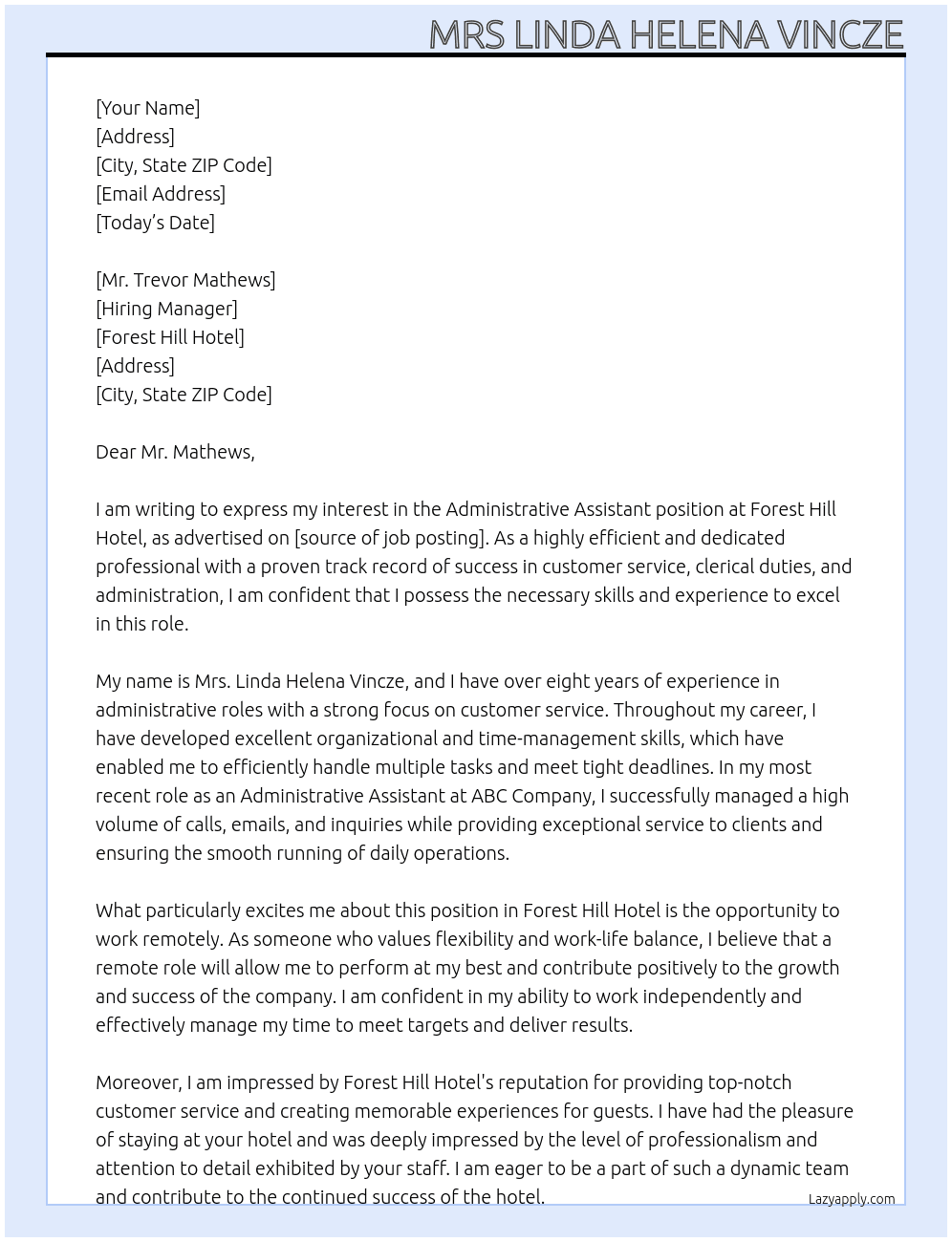 Administrative Assistant At Forest Hill Hotel Cover Letter