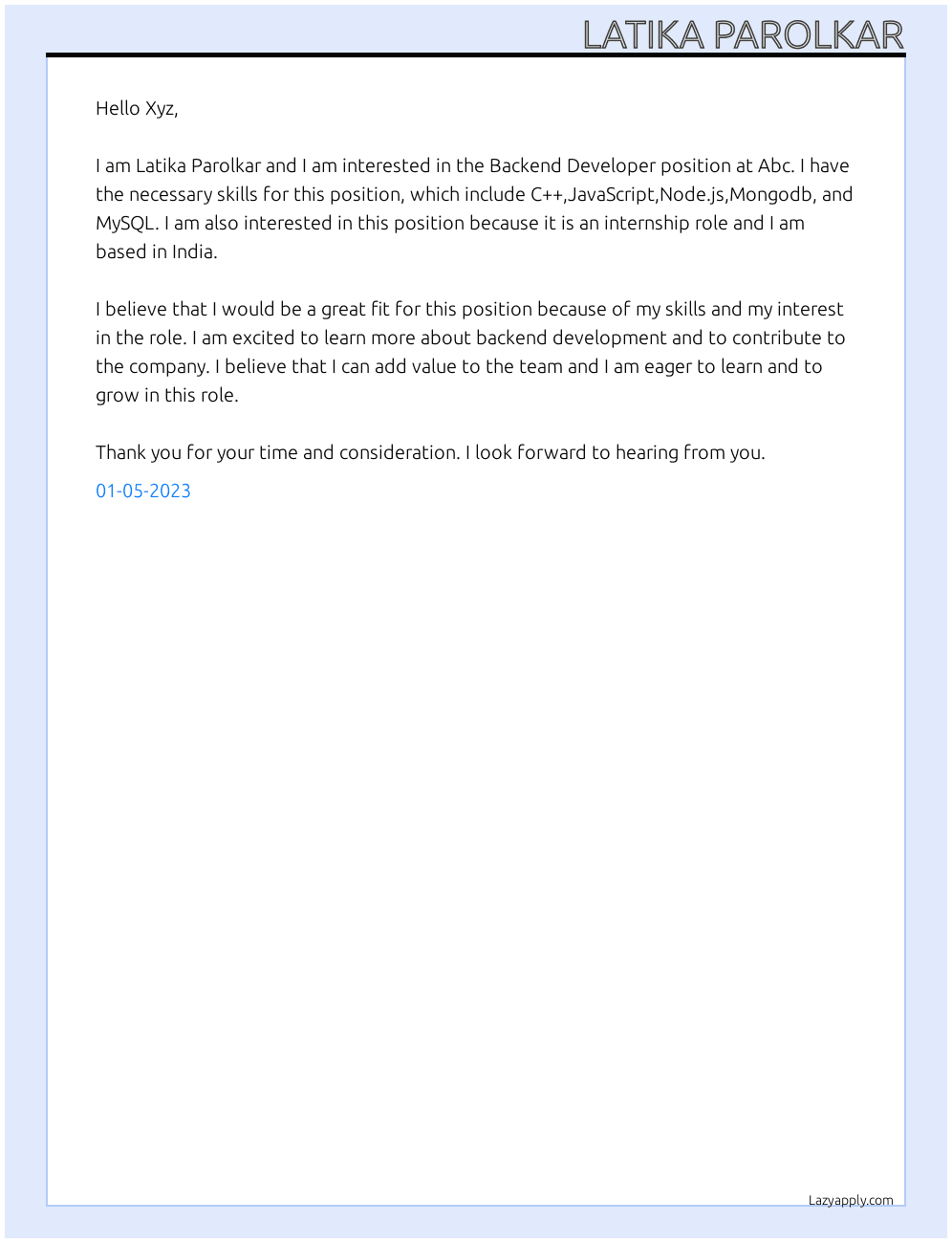 Backend Developer At Abc Cover Letter