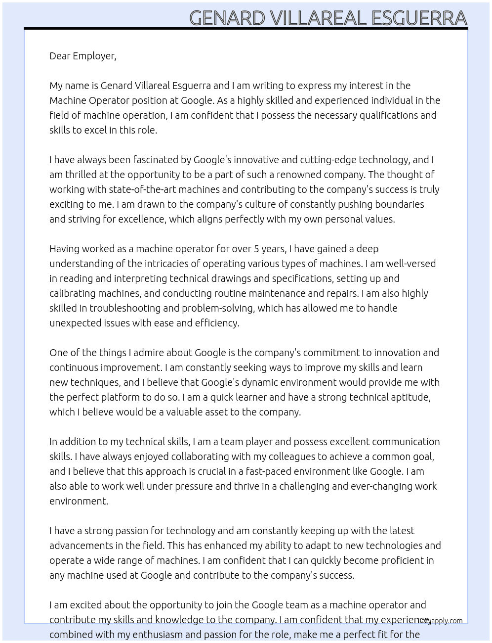 machine operator At google Cover Letter