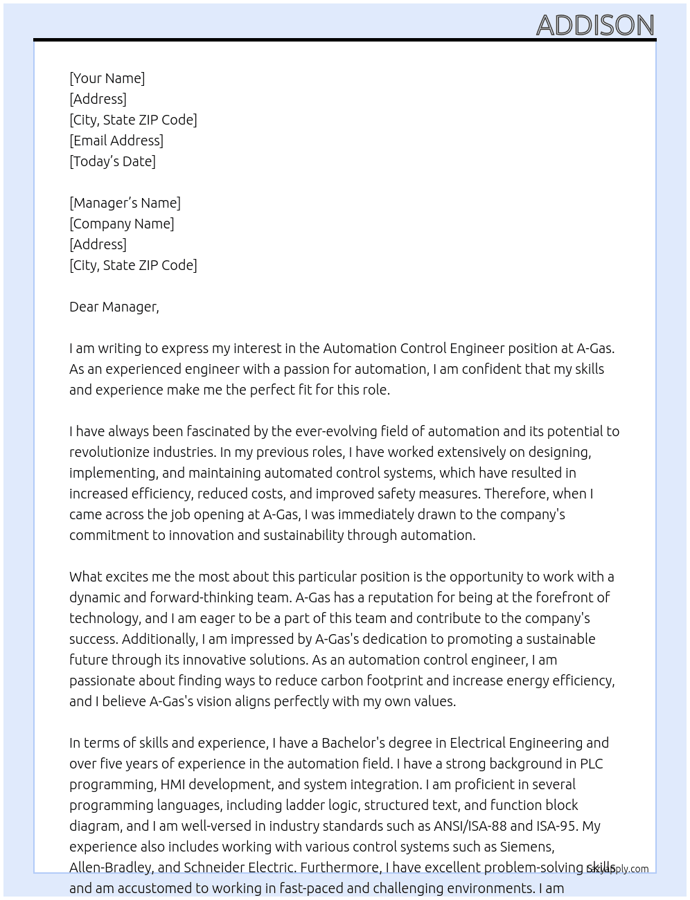 automation control engineer At A-Gas Cover Letter