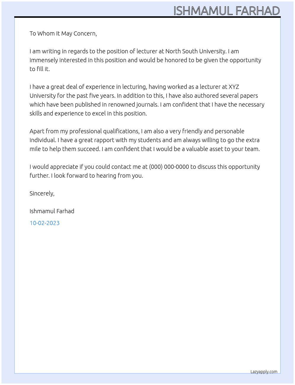 Lecturer At North South University Cover Letter