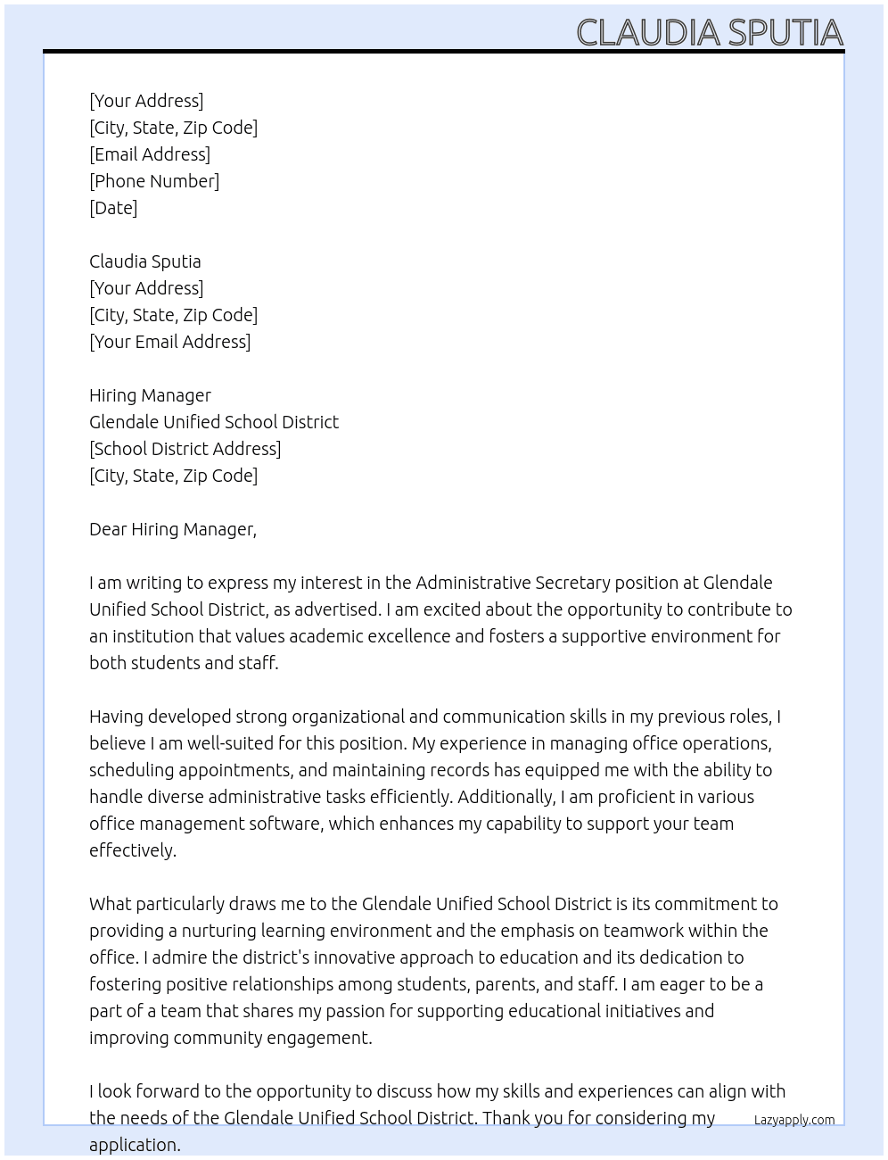 Administrative Secretary  At Glendale Unified School District  Cover Letter