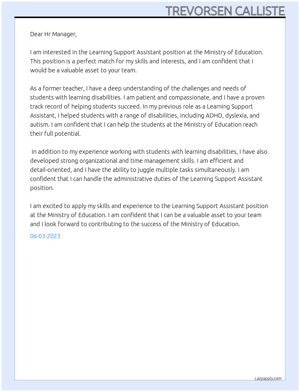 Learning Support Assistant At Ministry of Education Cover Letter