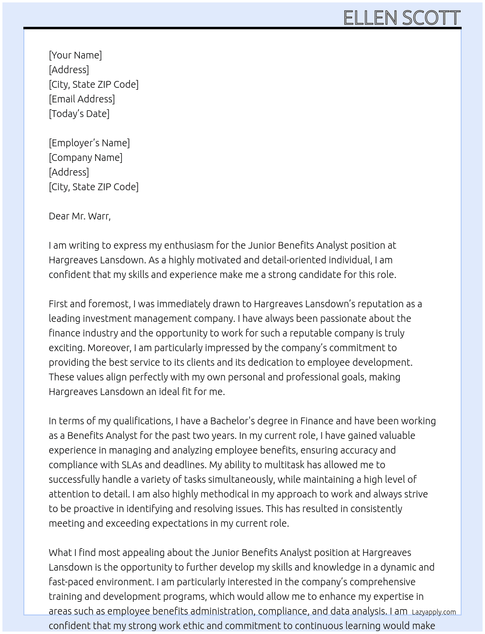 Junior Benefits Analyst At Hargreaves Lansdown Cover Letter