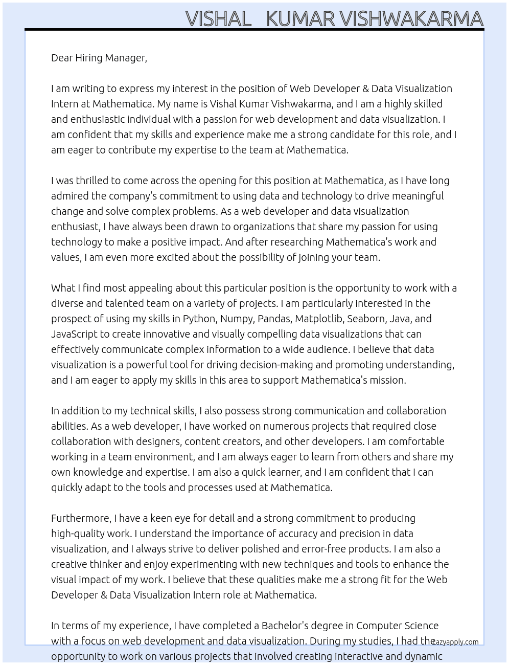 Web Developer & Data Visualization Intern At Mathematica Cover Letter