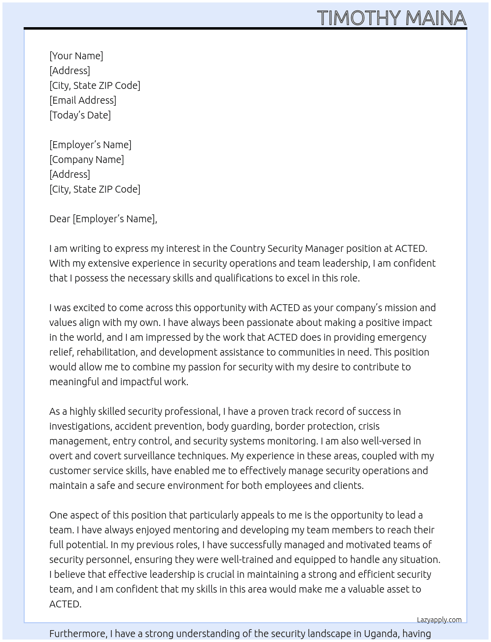 Country Security Manager At ACTED Cover Letter