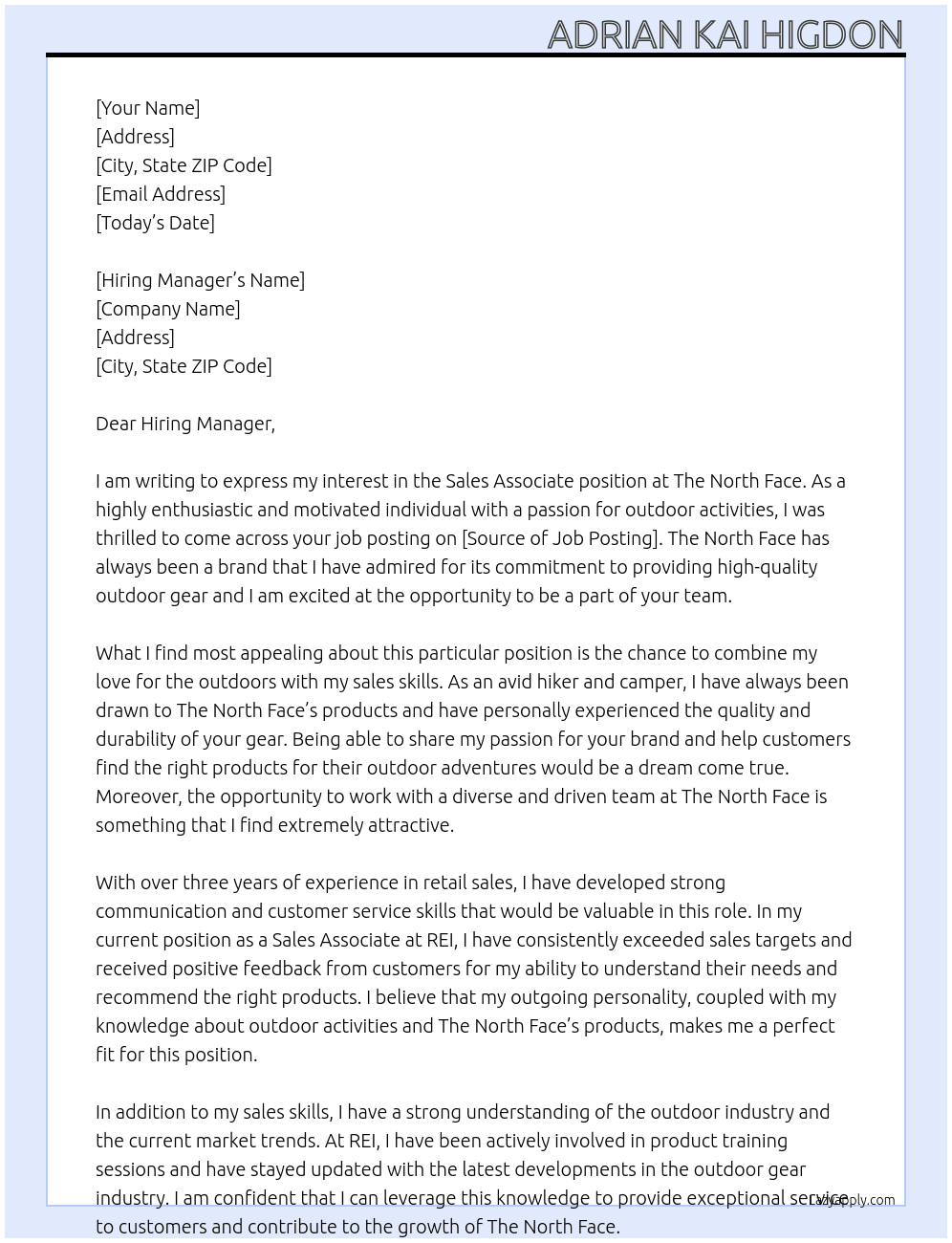 Sales Associate At The North Face Cover Letter