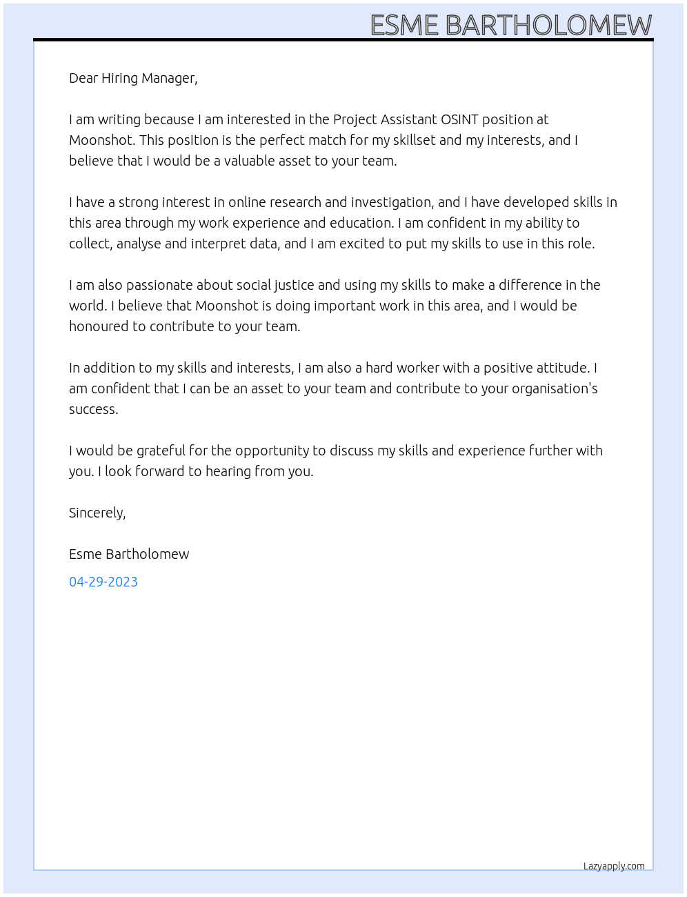 Project Assistant OSINT At Moonshot Cover Letter