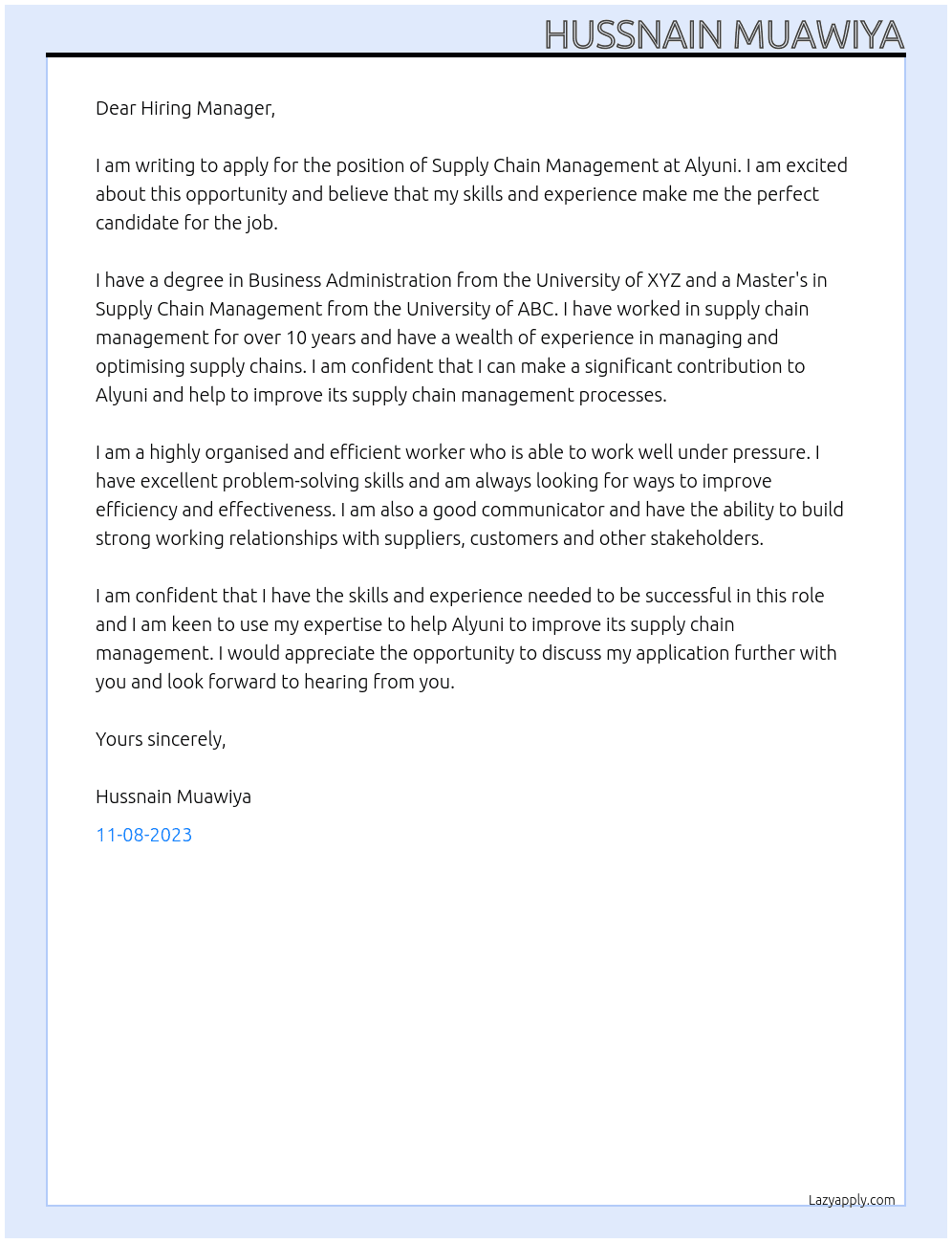 Supply chain management  At alyuni Cover Letter