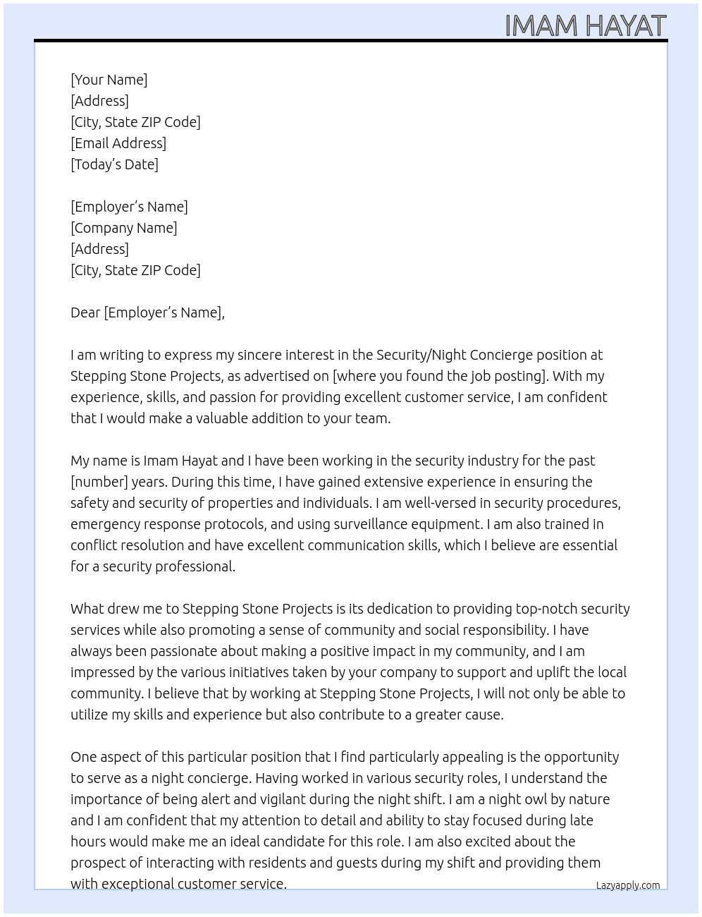 Security/night concierge  At Stepping Stone Projects  Cover Letter