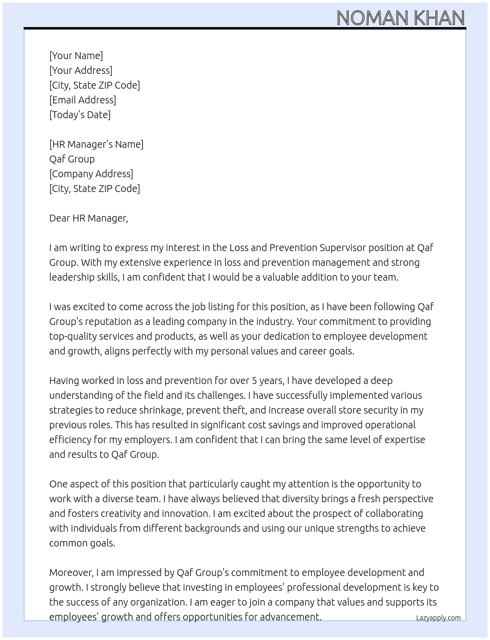 Cover letter for loss and prevention supervisor - LazyApply