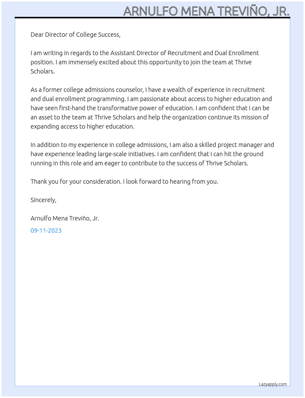 Assistant Director of Recruitment and Dual Enrollment At Director of College Success Cover Letter