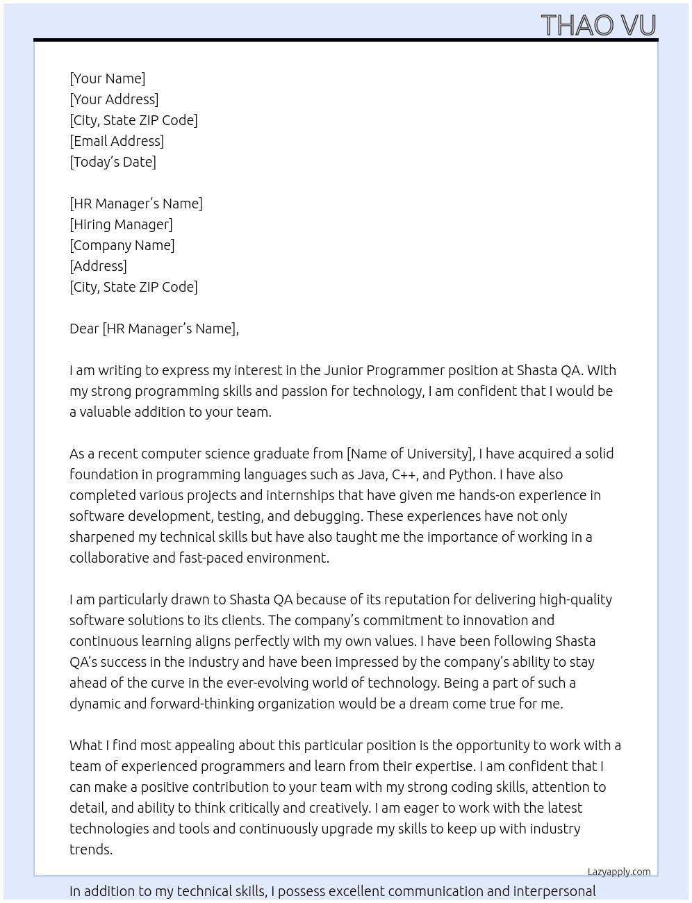Junior Programmer At Shasta QA Cover Letter