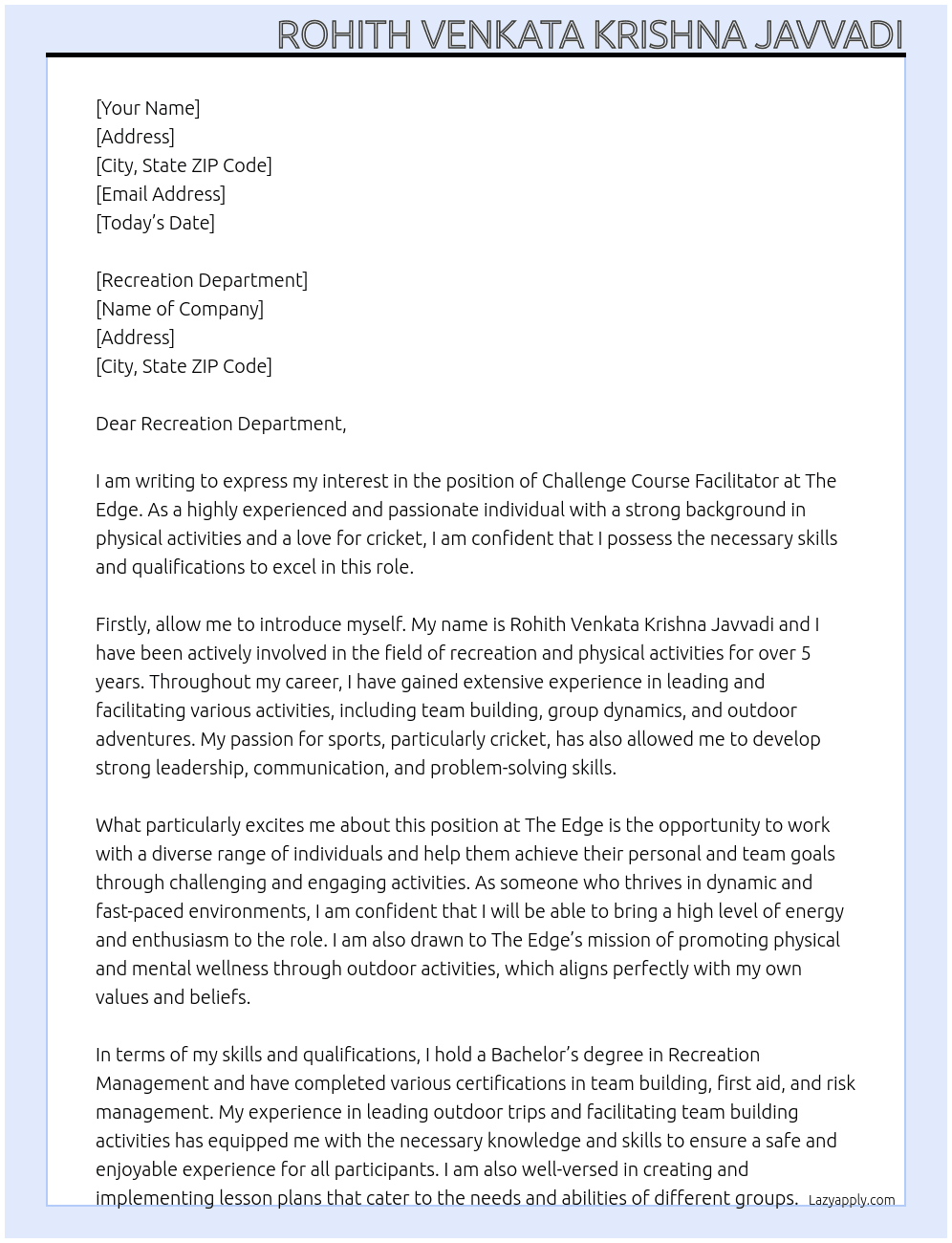 the challange course facilitator At THE EDGE Cover Letter