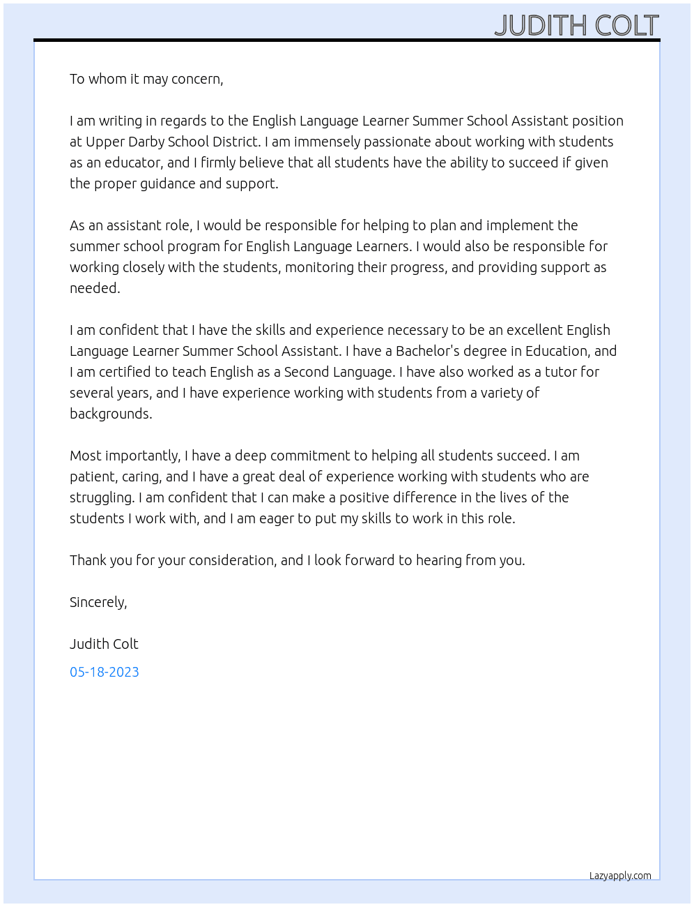 English Language Learner Summer School Assistant At Upper Darby School District Cover Letter