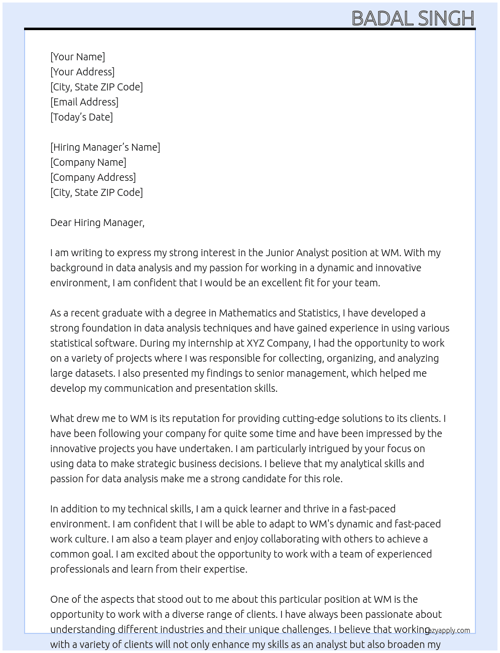 junior analyst At wm Cover Letter