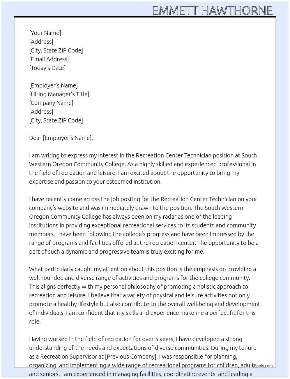 Cover letter for recreation center technician - LazyApply