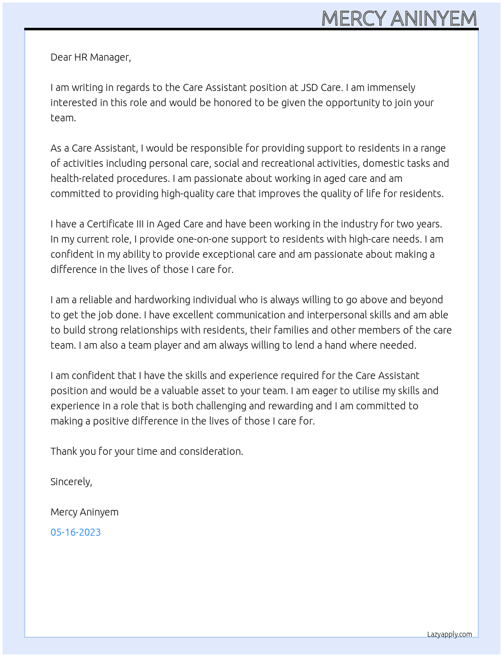 Care Assistant At JSD Care Cover Letter