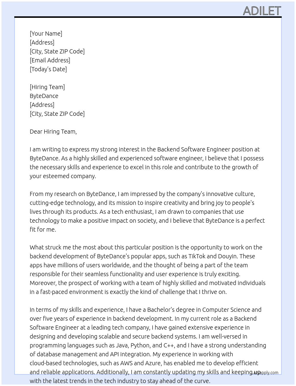 Backend Software Engineer At ByteDance Cover Letter
