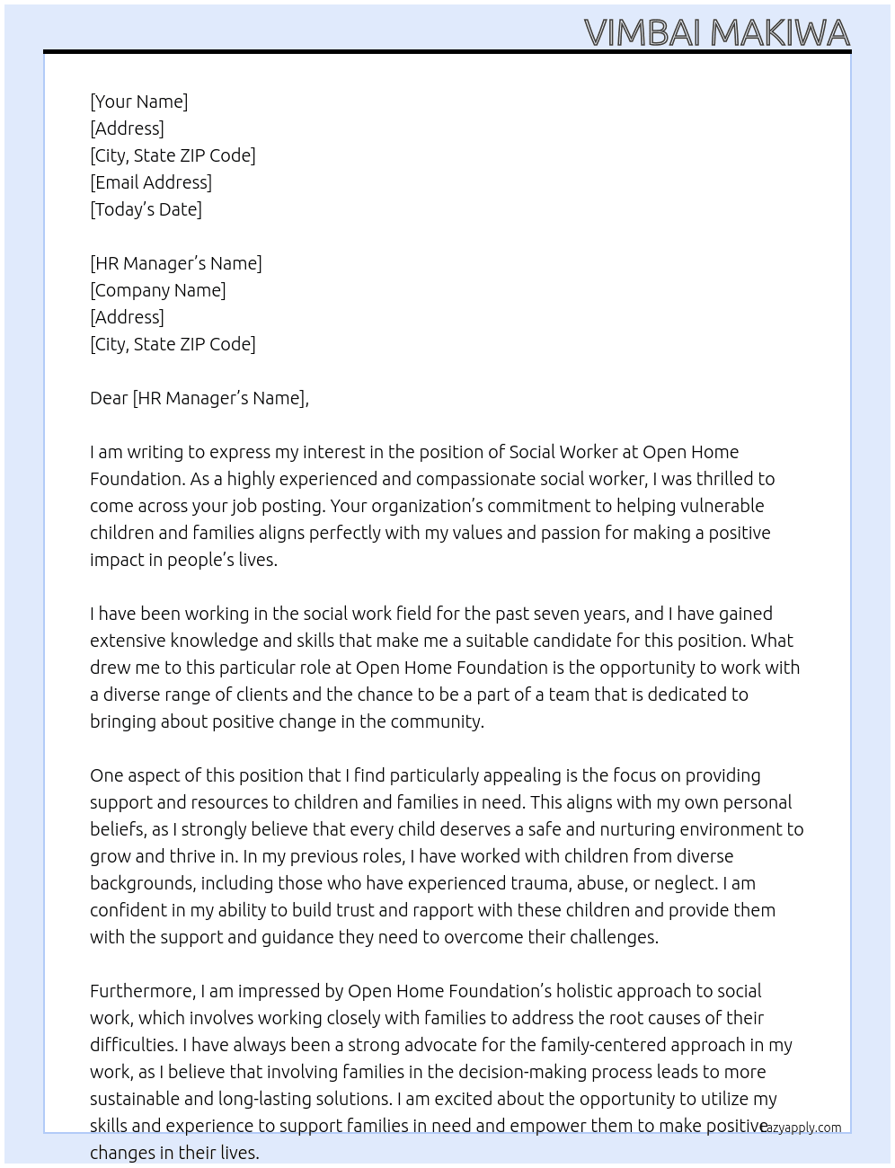 social worker At Open Home Foundation  Cover Letter