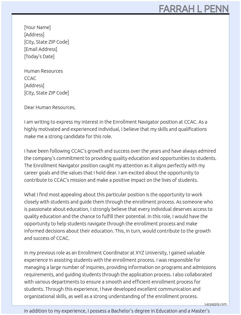 Enrollment Navigator At CCAC Cover Letter