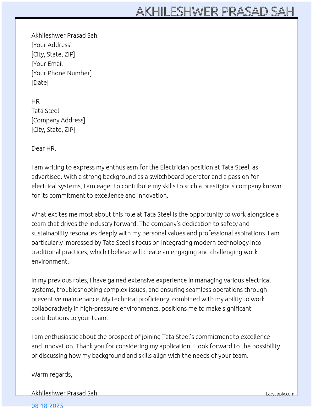Electrician At Tata Steel Cover Letter