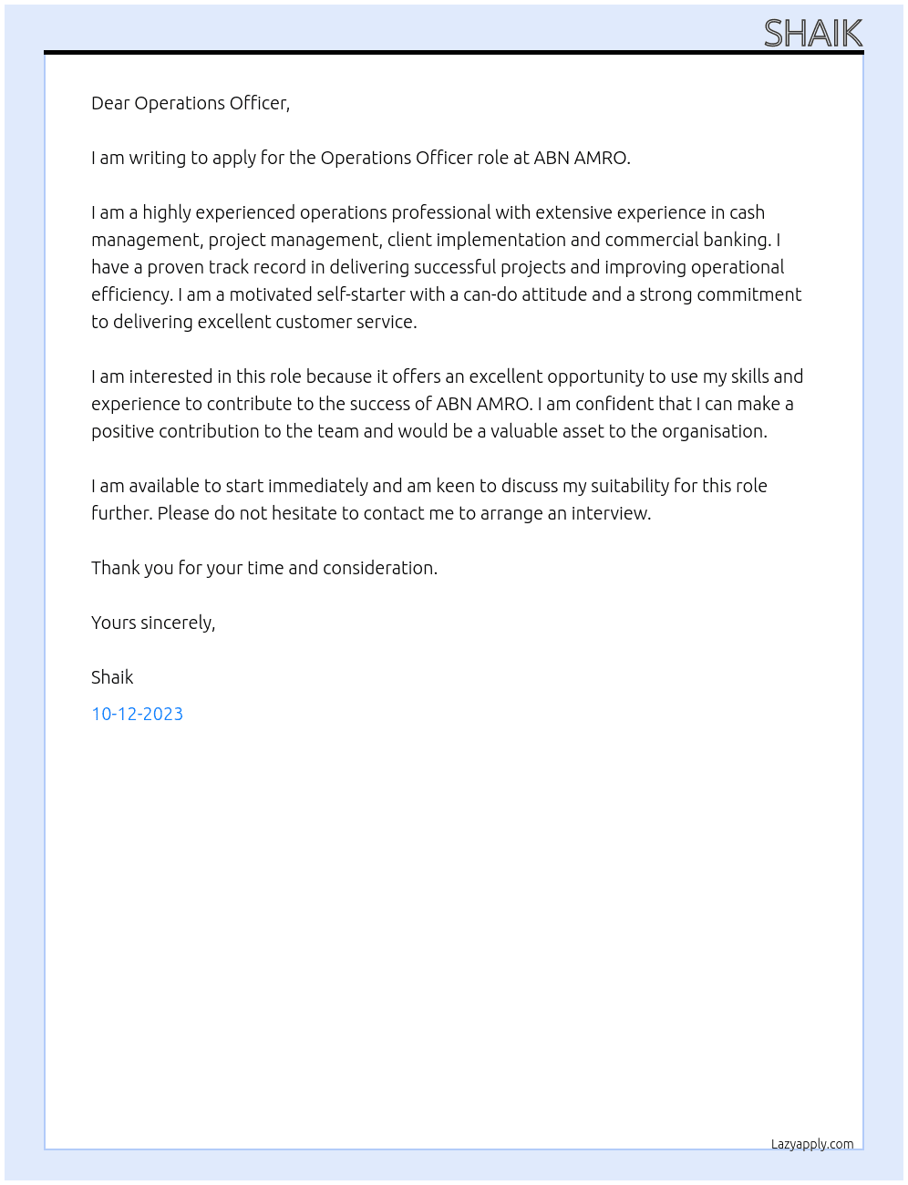 Operations Officer At ABN AMRO Cover Letter