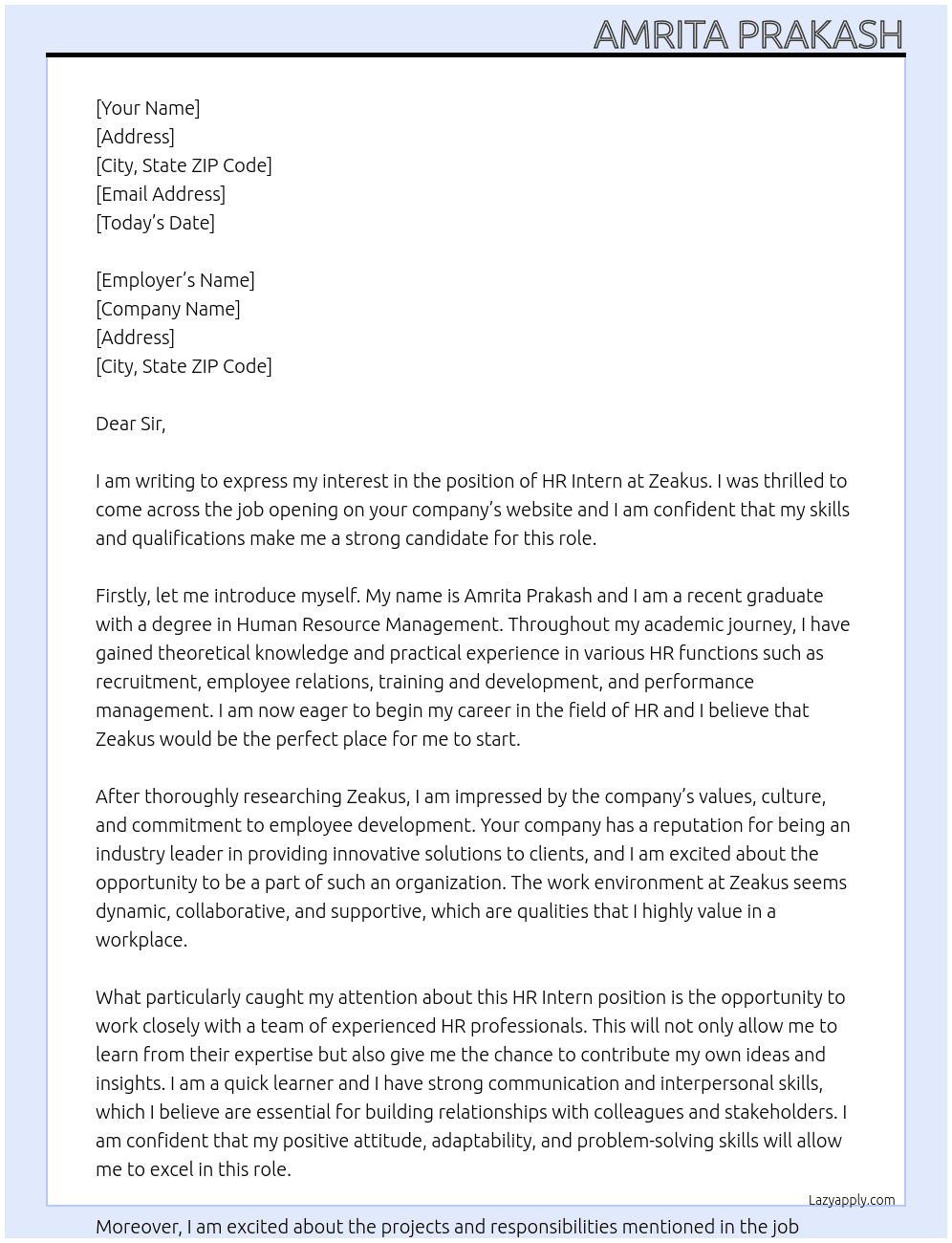 Hr Intern  At Zeakus Cover Letter