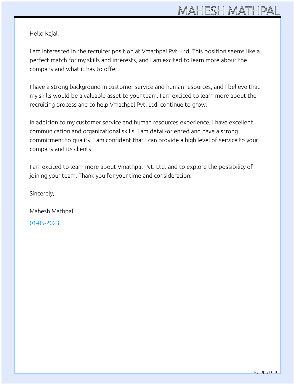 recruiter At Vmathpal pvt. ltd Cover Letter