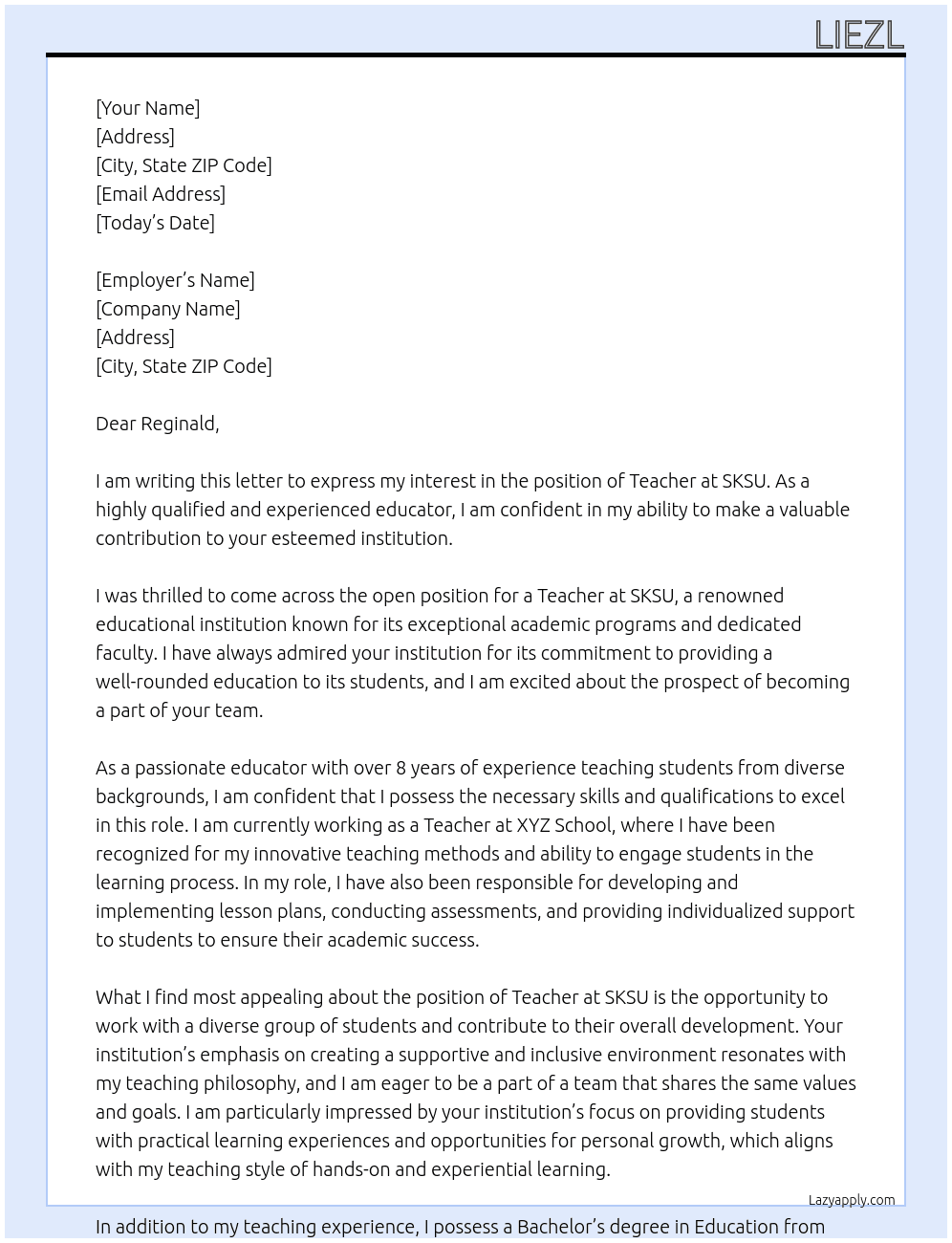 teacher At SKSU Cover Letter