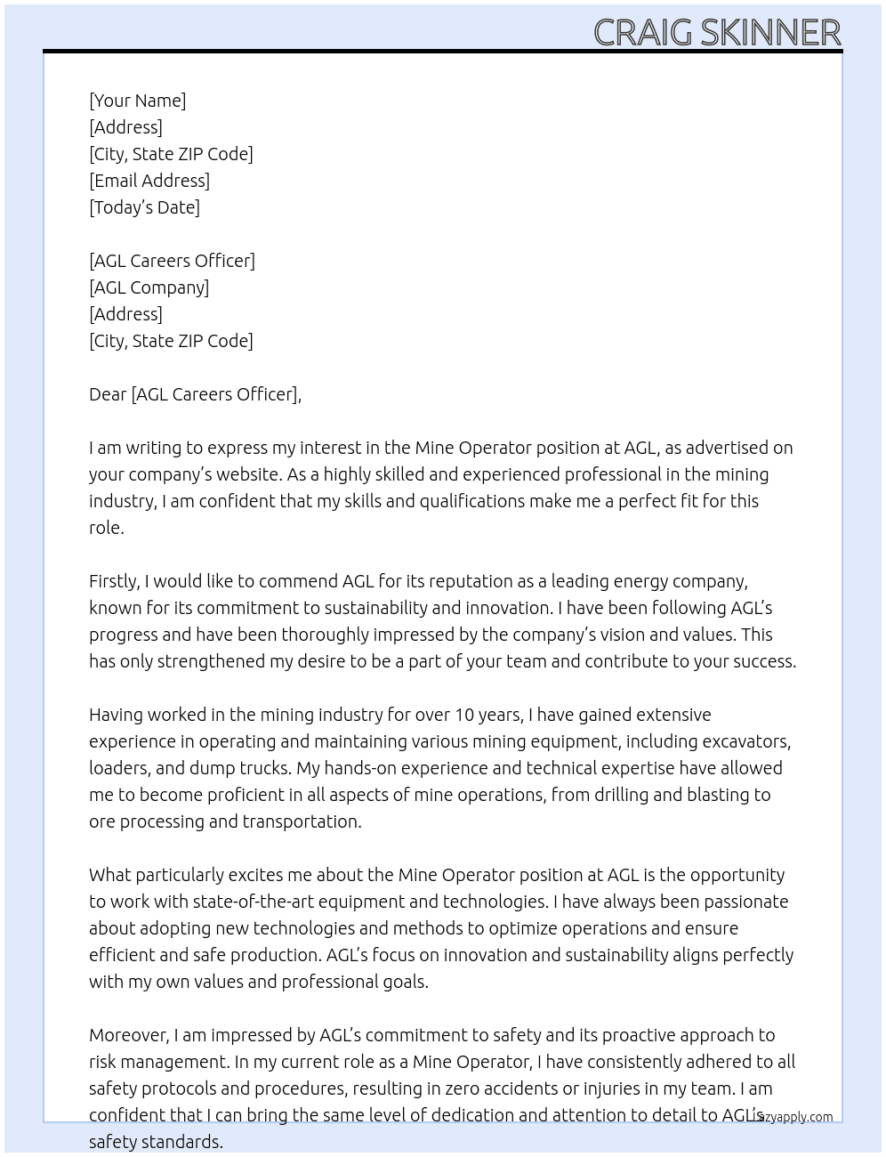 Mine Operator At AGL  Cover Letter