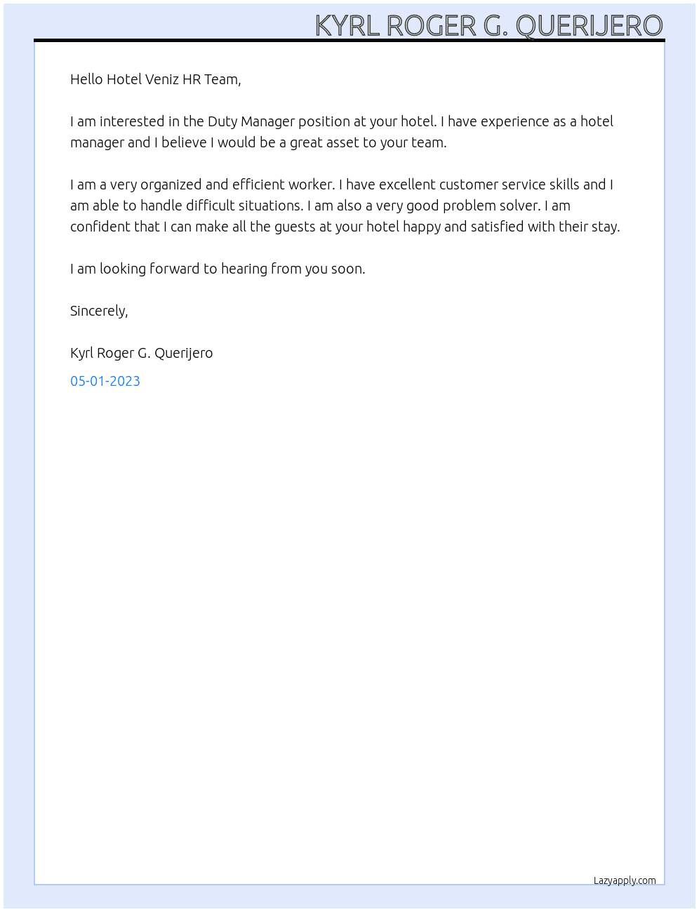 Duty Manager At Hotel Veniz Cover Letter