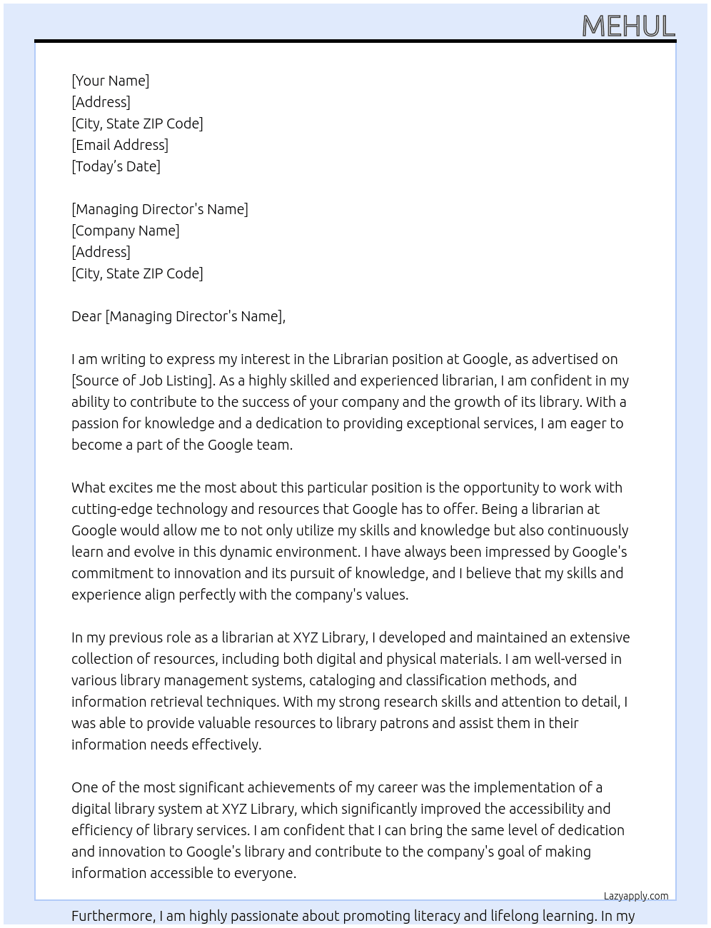 Librarian At Google Cover Letter