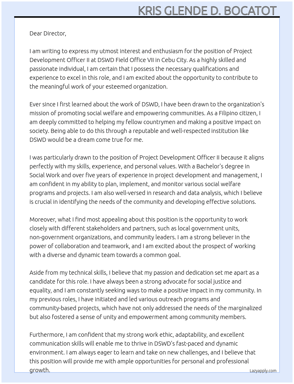 PROJECT DEVELOPMENT OFFICER II At DSWD Field Office VII, Cebu City Cover Letter