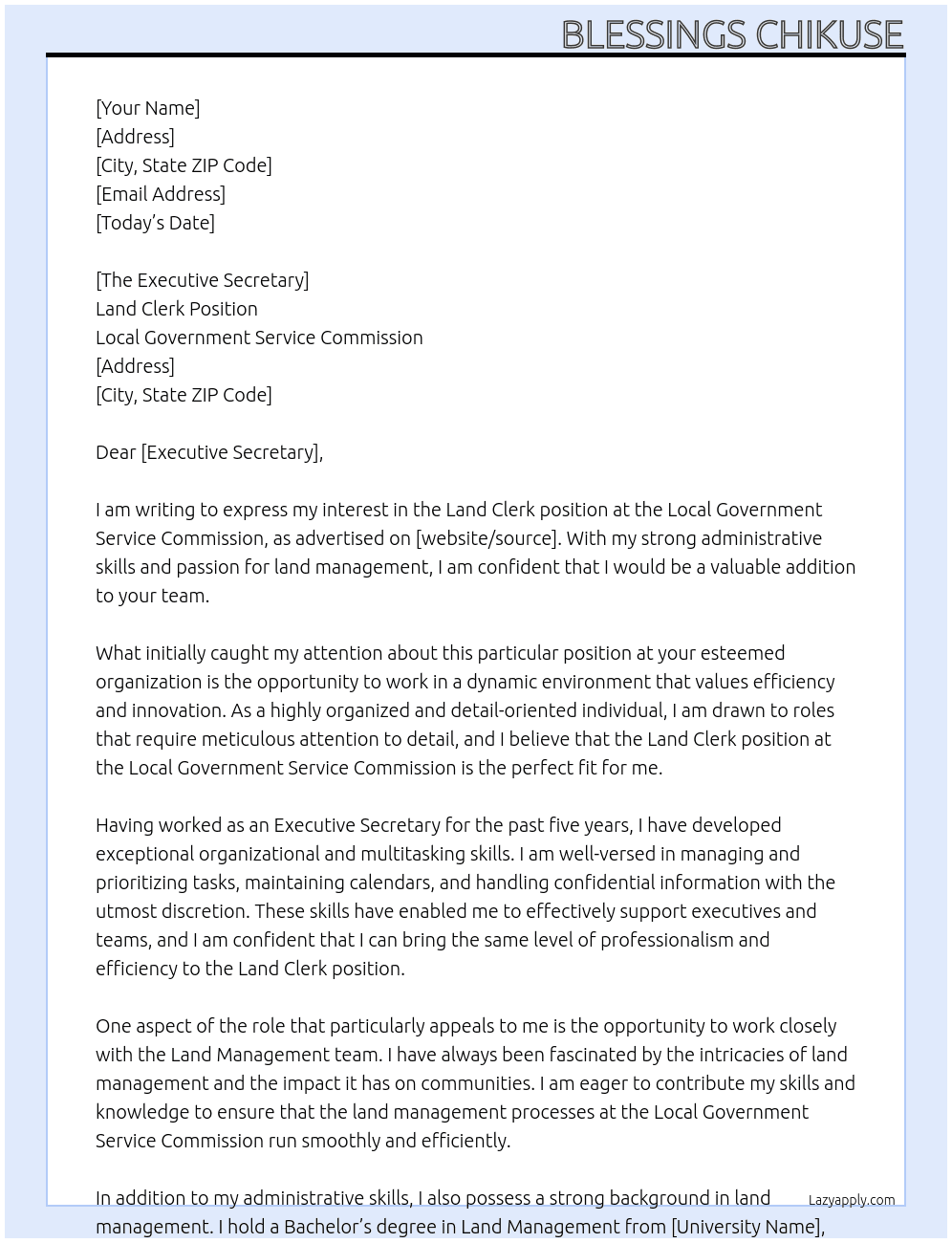 Land clerk At Local government service Commission  Cover Letter