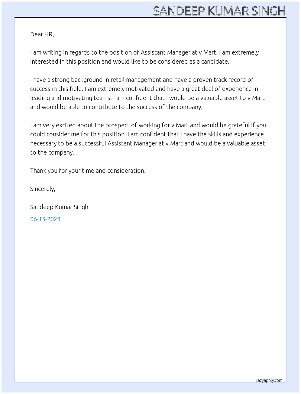 Assistance manager At v Mart Cover Letter