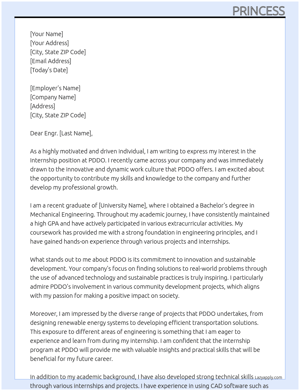 Internship At PDDO Cover Letter