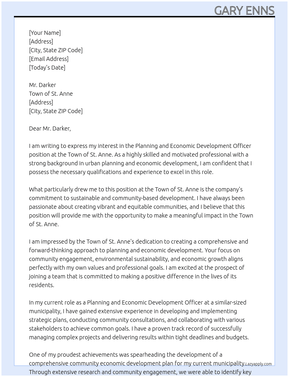 planning and economic development officer At Town of St. Anne Cover Letter