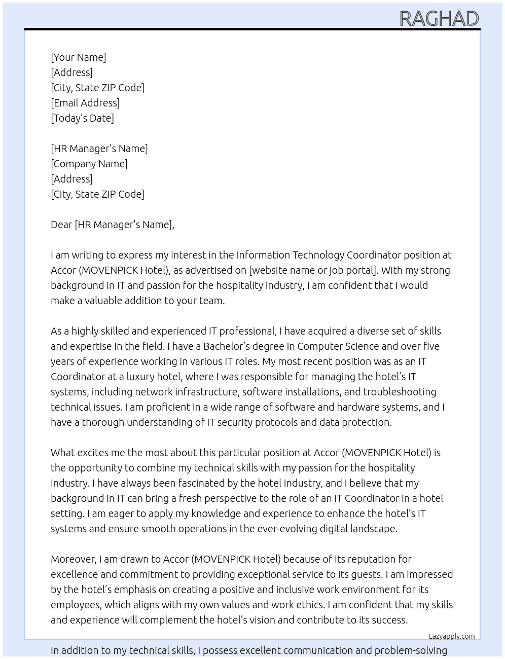 Information Technology Coordinator At Accor ( MOVENPICK Hotel) Cover Letter