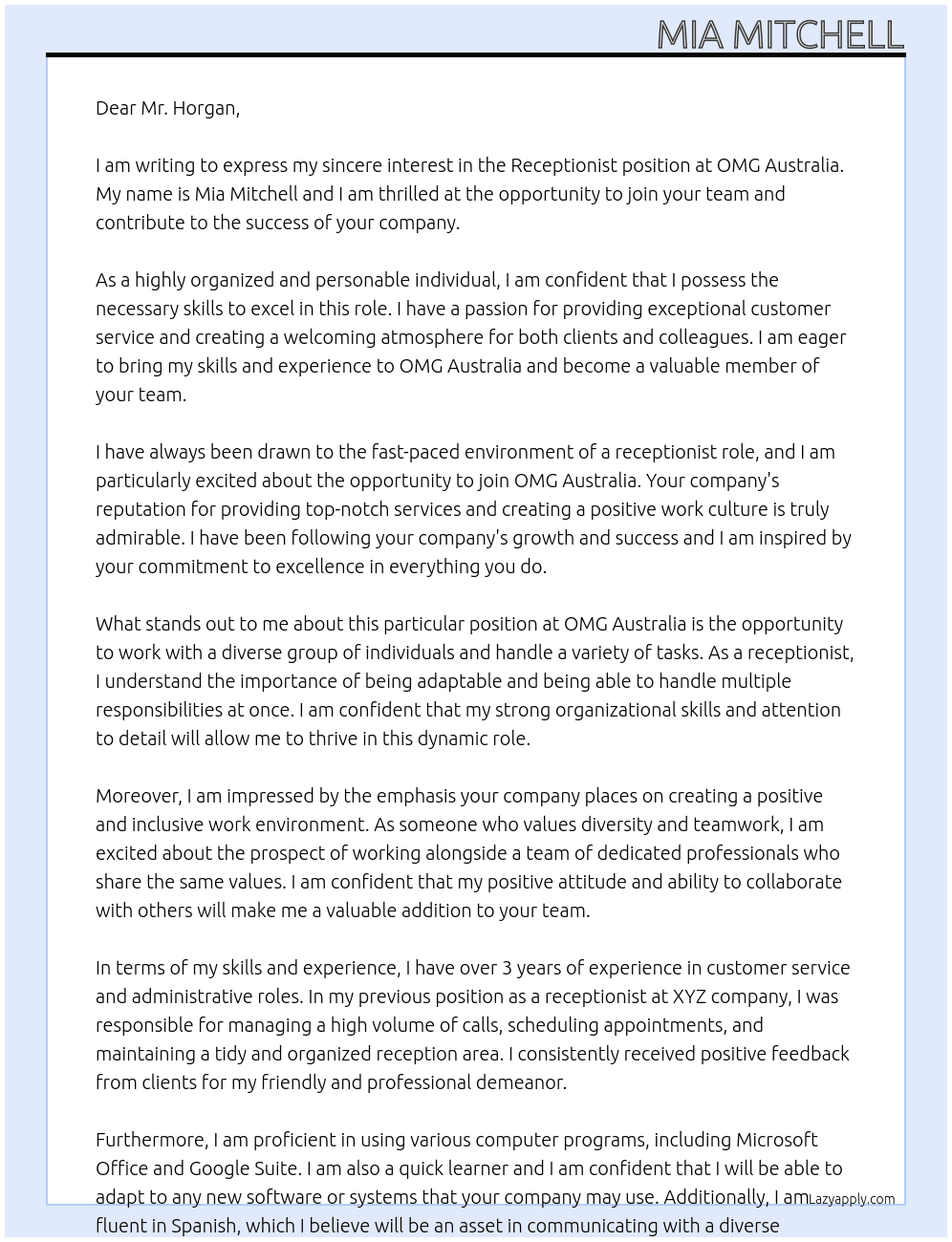 Receptionist At OMG Australia Cover Letter