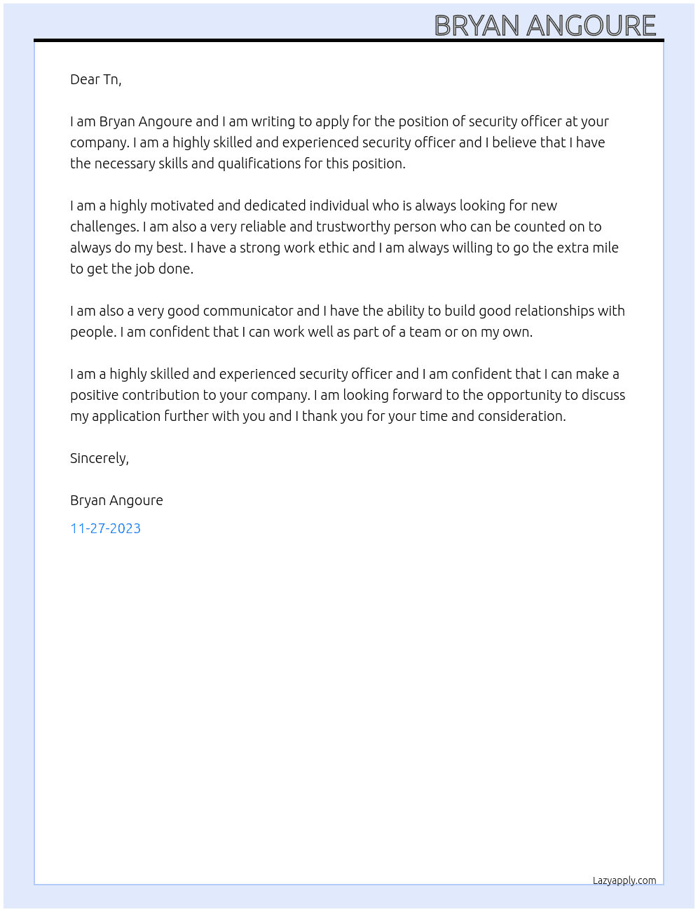 Security officer  At Secuirty officer  Cover Letter