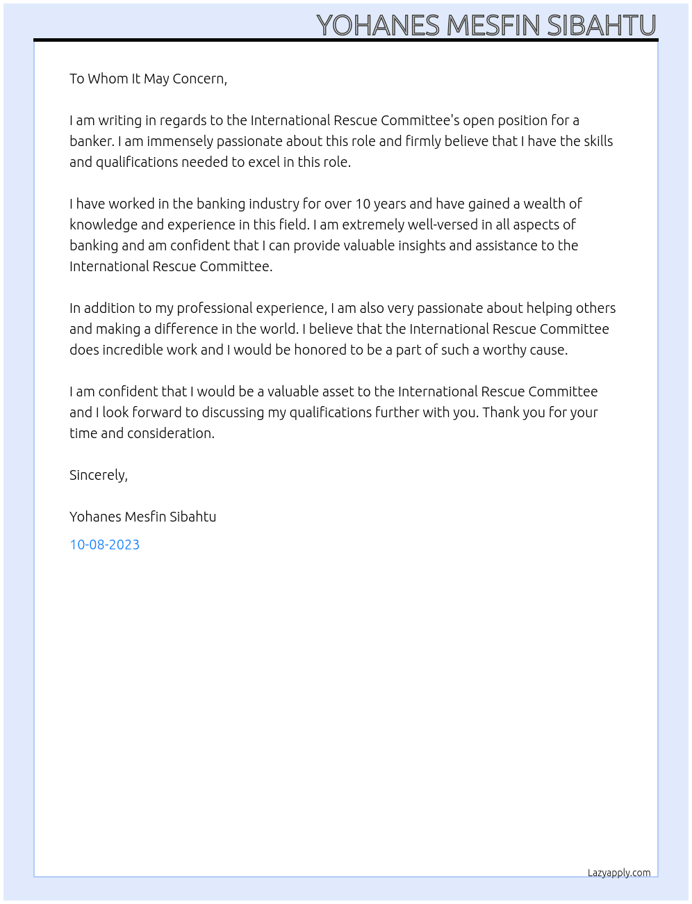 Banker At INTERNATIONAL RESCUE COMMITTEE  Cover Letter
