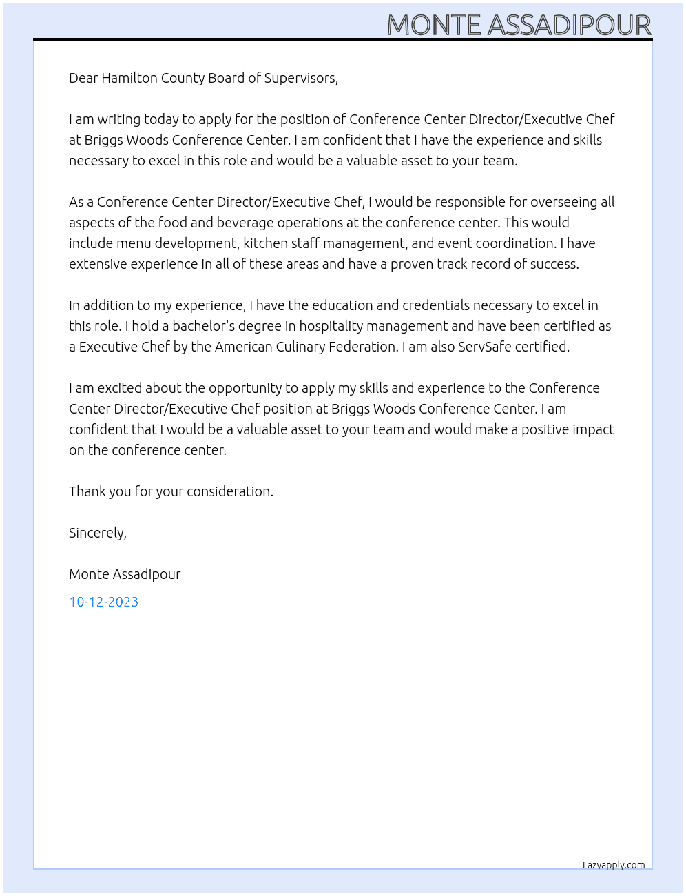 Conference Center Director/Executive Chef At Briggs Woods Conference Center  Cover Letter