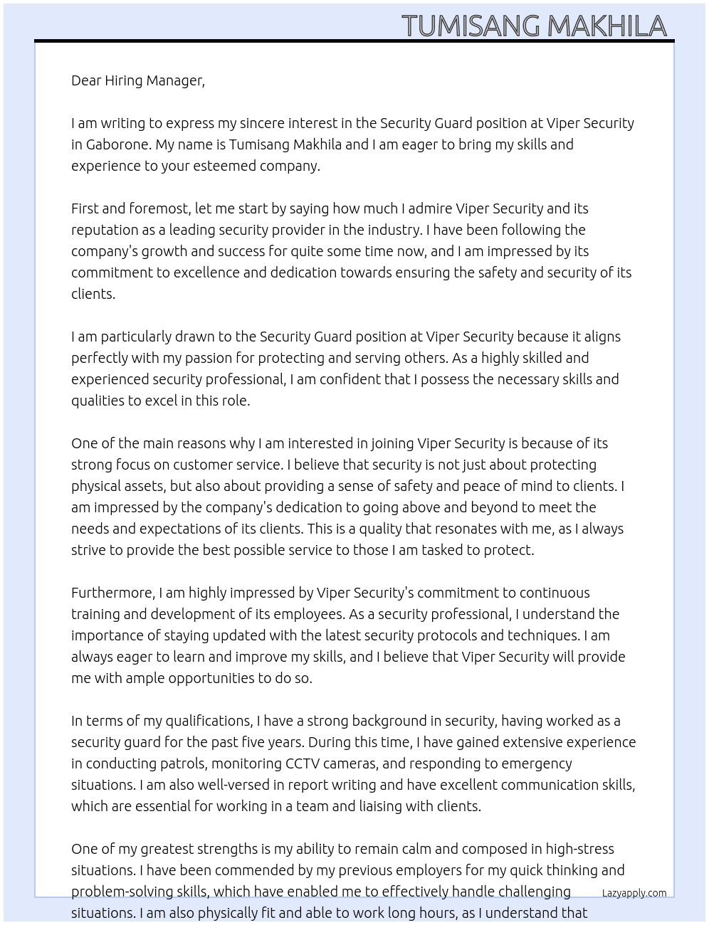 Security Guard  At Viper security  Cover Letter