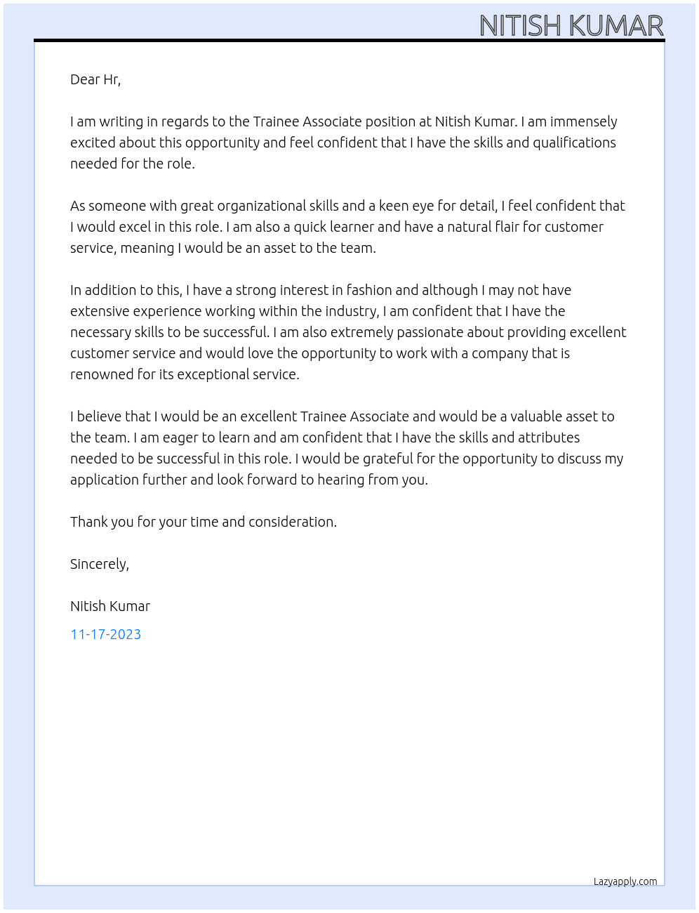 Trainee associate  At Nitish Kumar Cover Letter