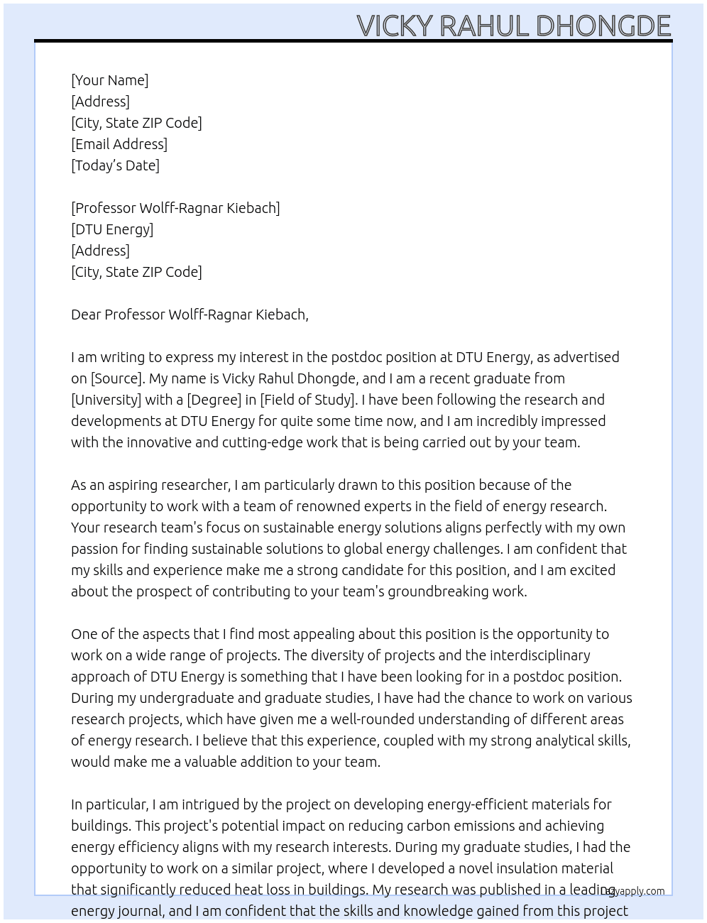 postdoc At DTU Energy Cover Letter