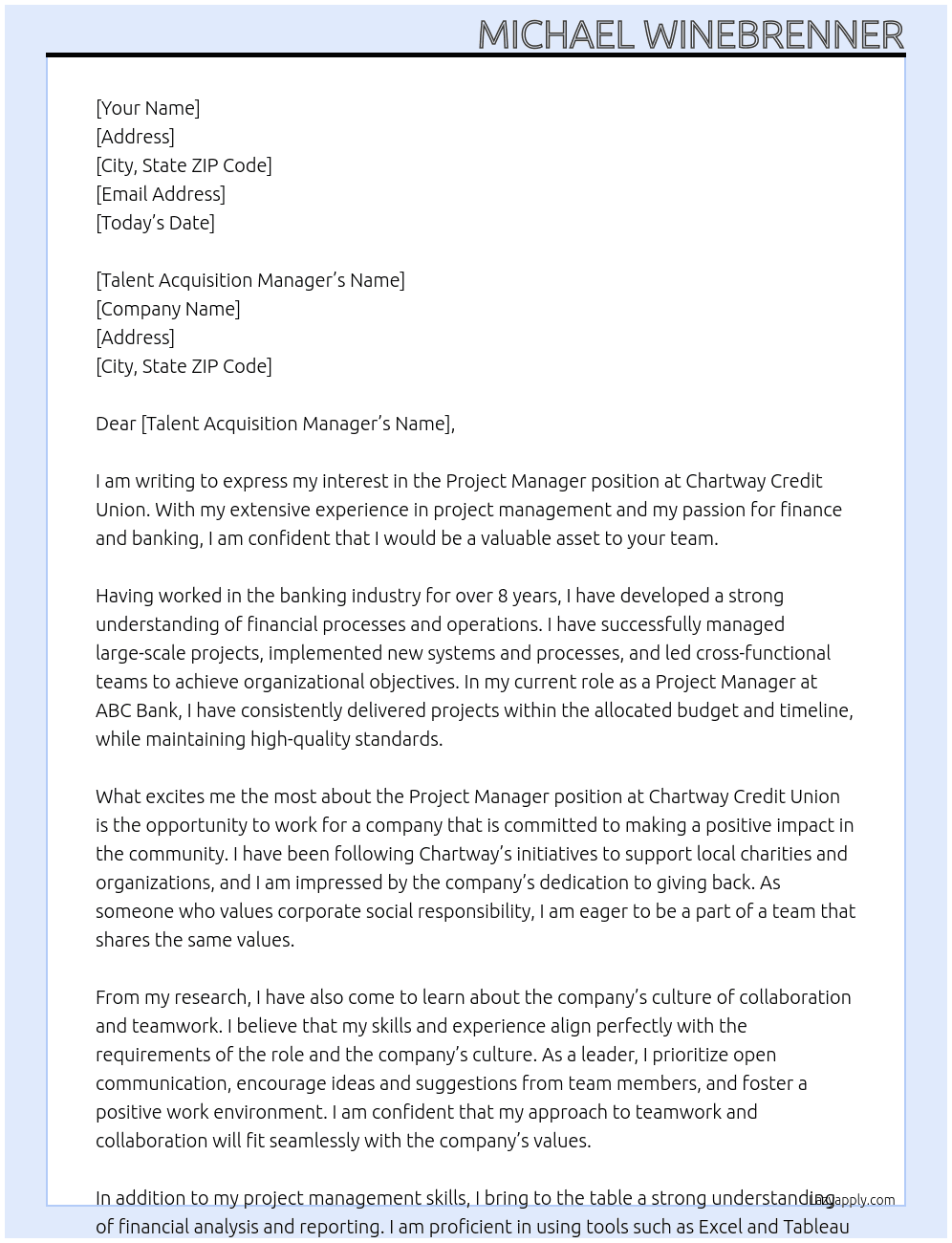 Project Manager At Chartway credit Union Cover Letter