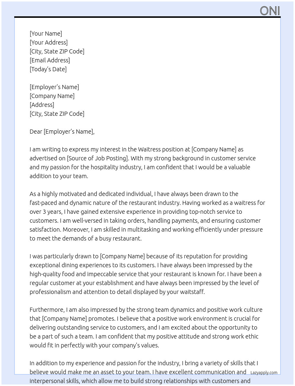 Waitress At Employer Cover Letter
