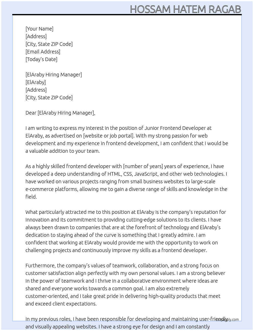 Junior Frontend Developer At ElAraby Cover Letter