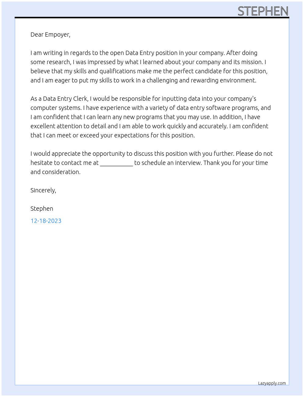 Data Entry At Empoyer Cover Letter